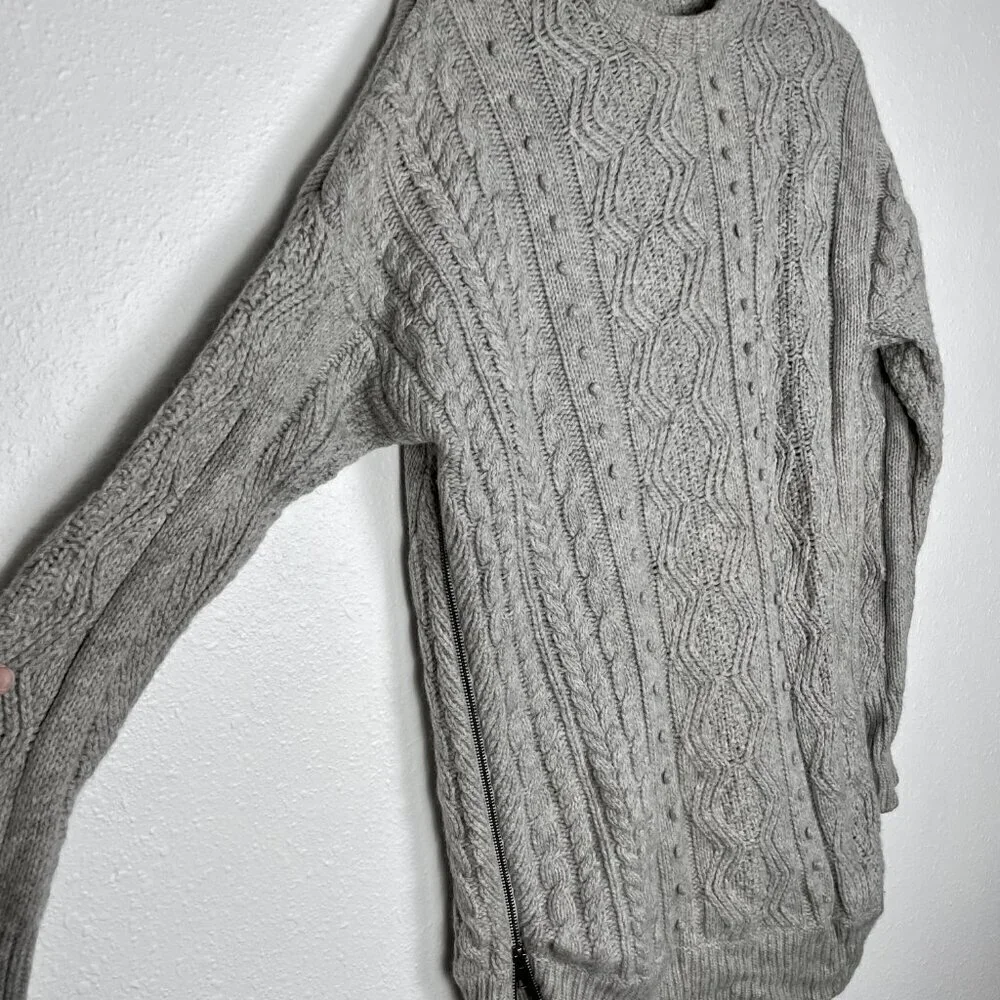 JCREW Size Medium 100% Wool Cable Knit Fisherman Asymmetrical Zip Gray Sweater